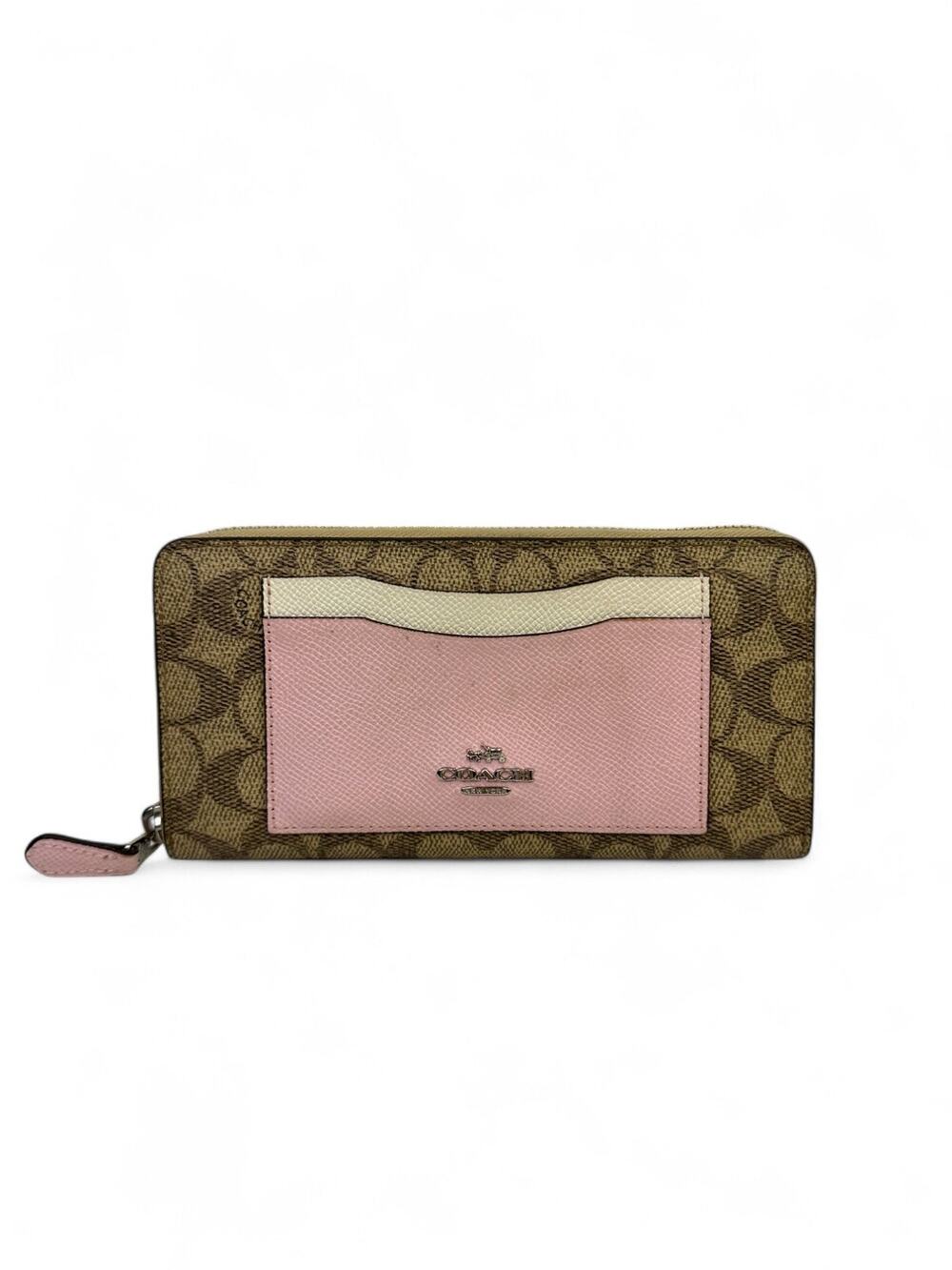 Coach Signature Accordion Zip Wallet Khaki Pink Crossgrain Leather F57439